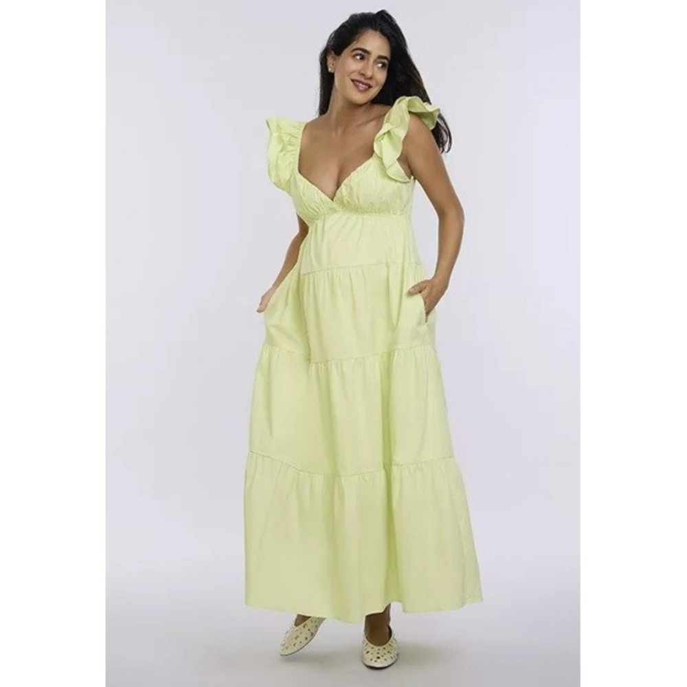 Motherhood Maternity Dress Chartreuse soft lime Tier Maxi Dress L‎ Open Tie Back